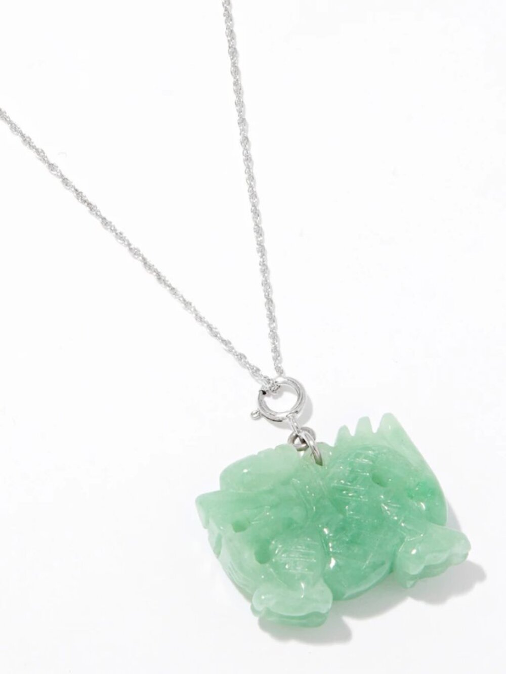 Roz Kwan Sterling Silver Carved Green Jade Dragon Pendant with Chain
